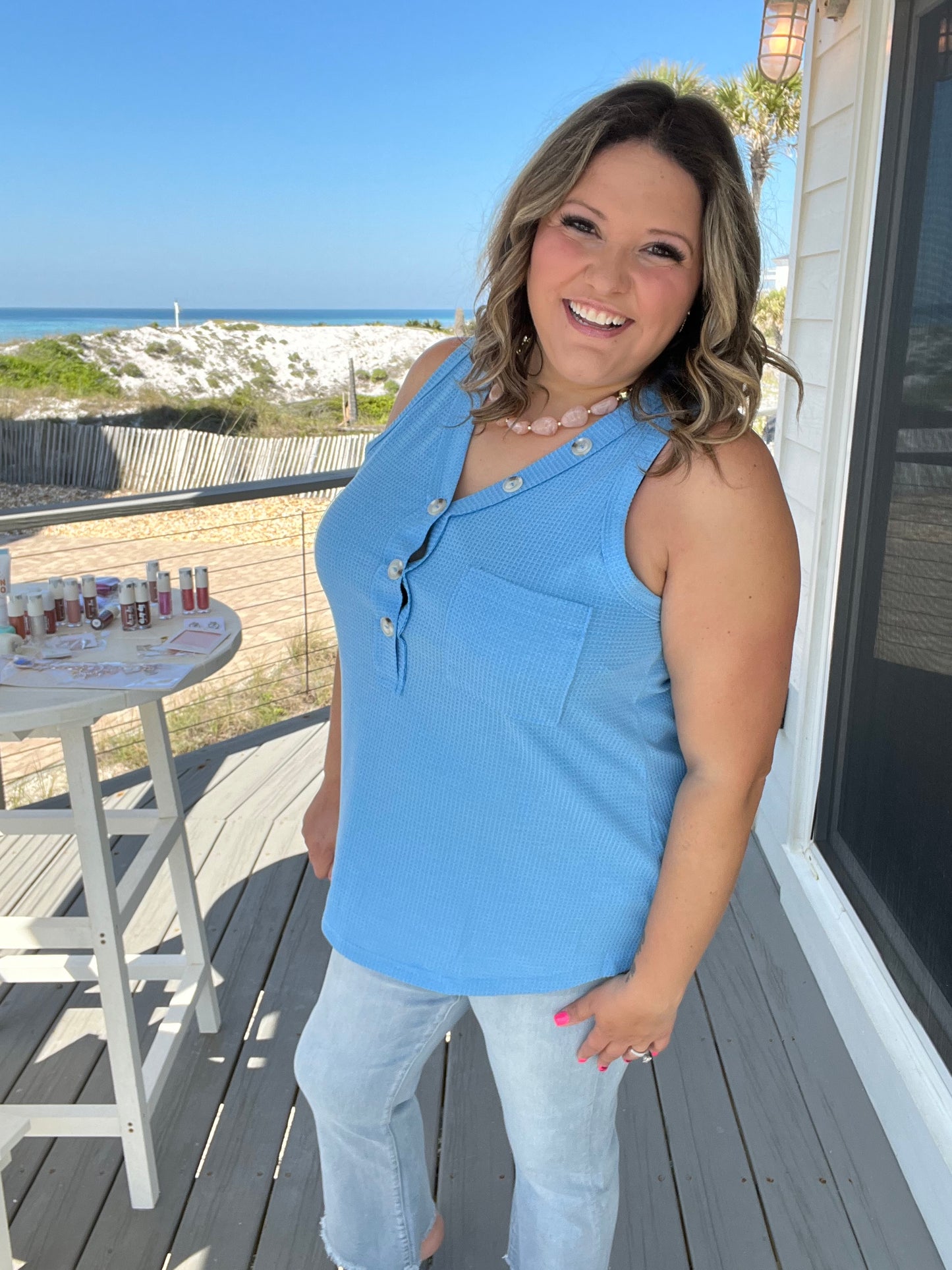 "Caldwell" Waffle Texture Tank with Chest Pockets and Faux Buttons (Ocean Blue)