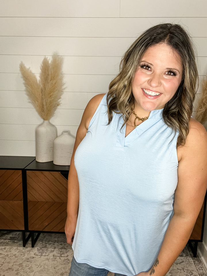 "Ok Maybe This" Sleeveless Split Neck (Blue)