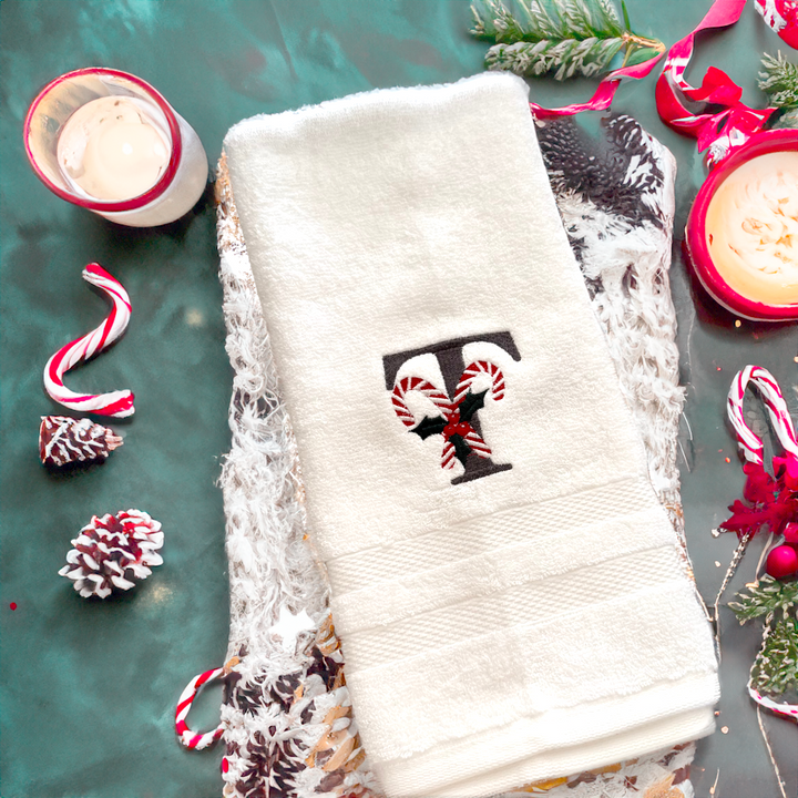 Embroidered initial candy cane hand towels