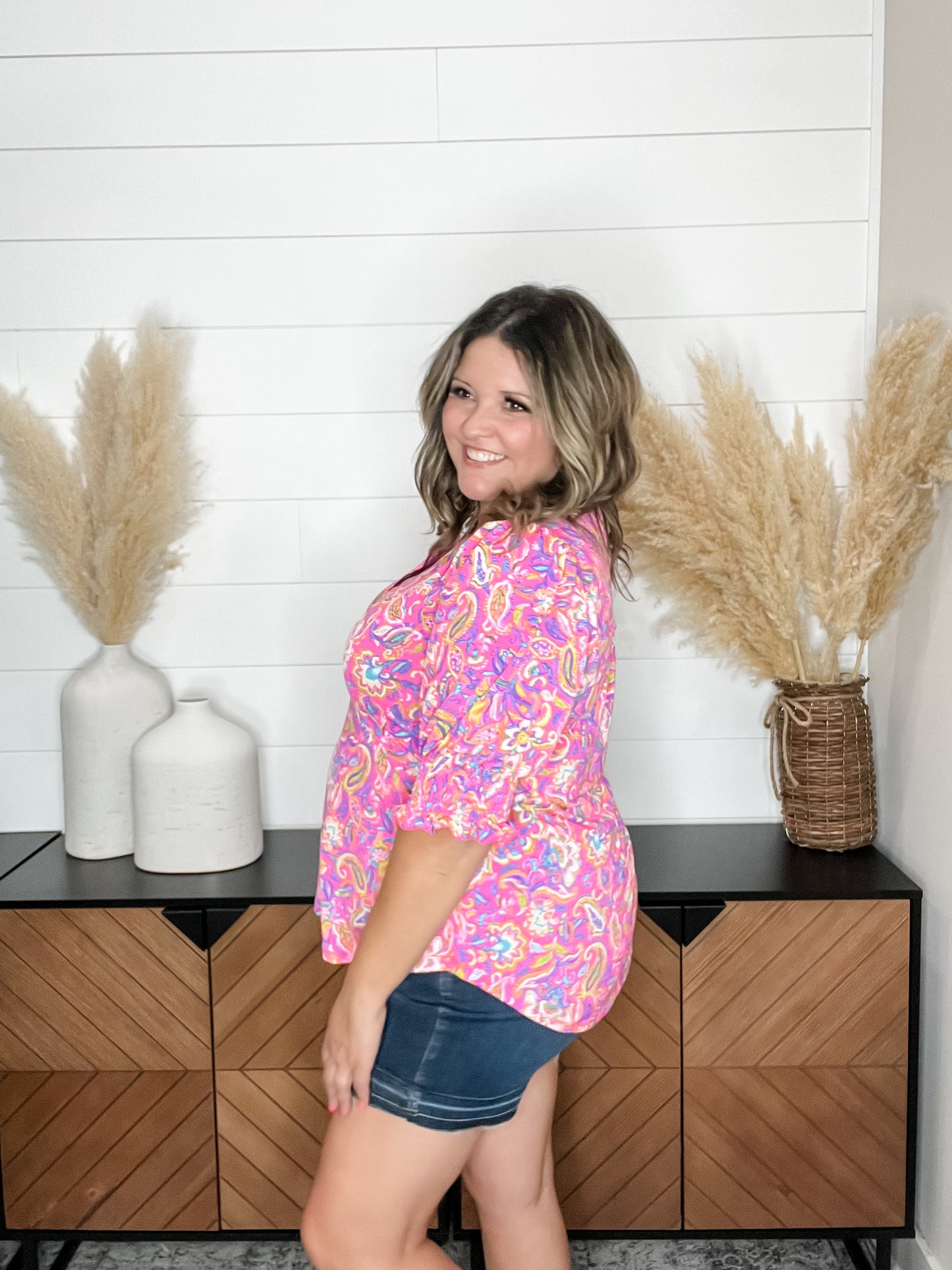 "Clyde" 3/4 Smocked Sleeve Split Neck