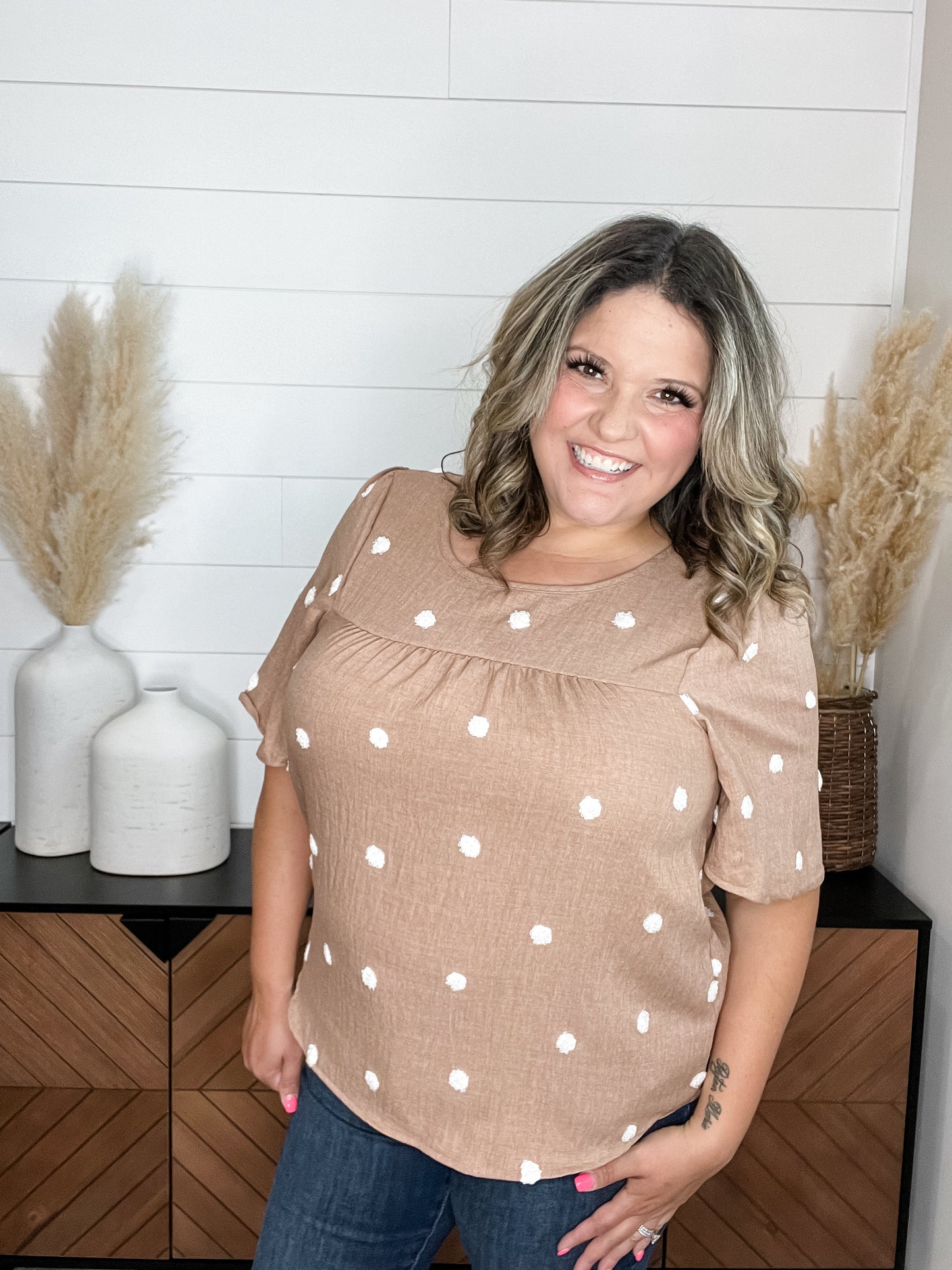 "Worley" Polka Dot Apron Front Short Sleeve