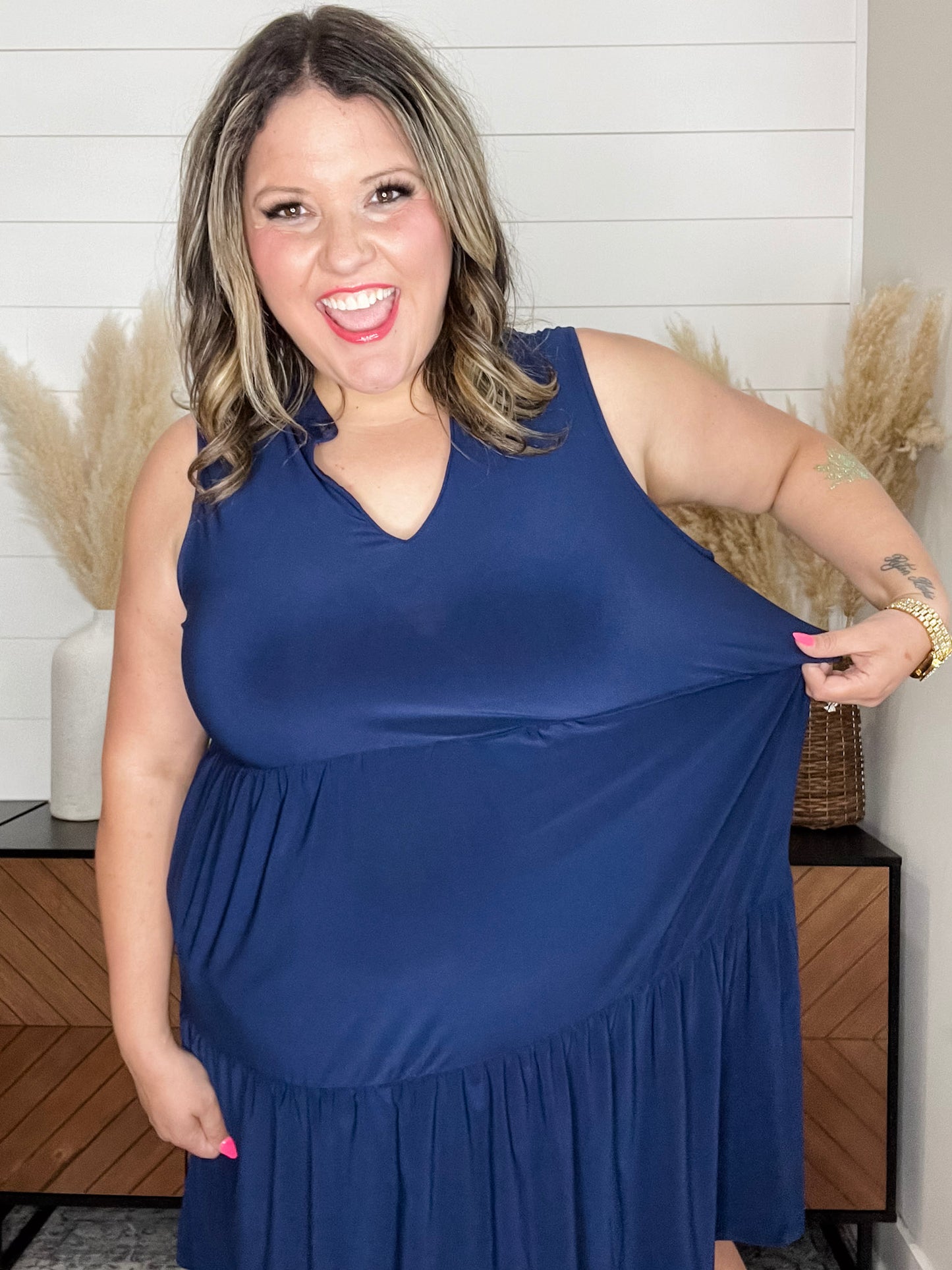 "Amos" Sleeveless Split Neck Tiered Dress (Navy)