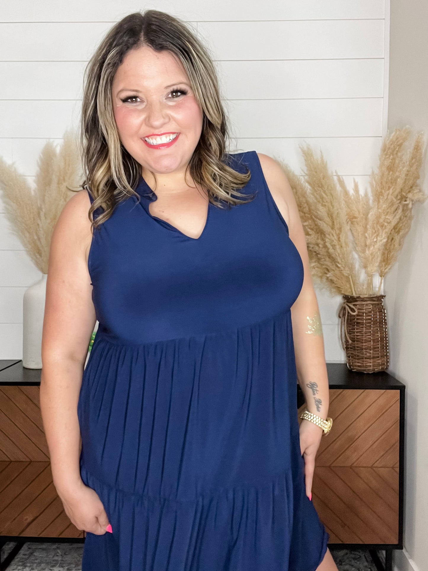 "Amos" Sleeveless Split Neck Tiered Dress (Navy)