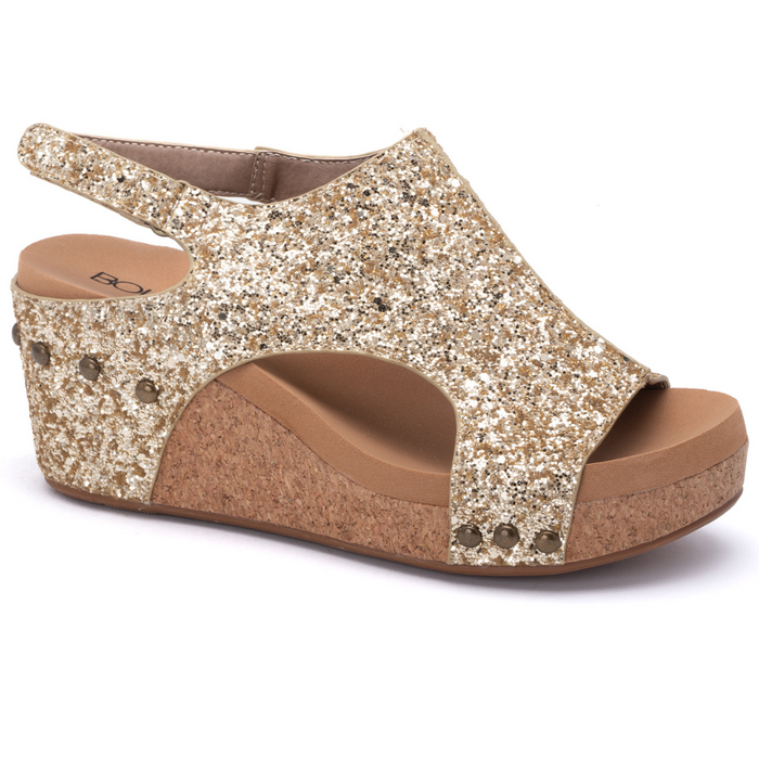 "Carley" Wedge Sandal By Corkys (Gold Glitter)