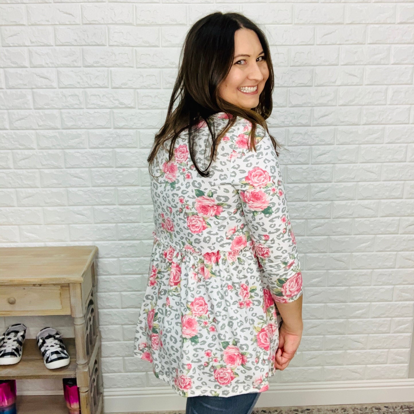"Abbie" Floral & Animal Print Babydoll Top (White)