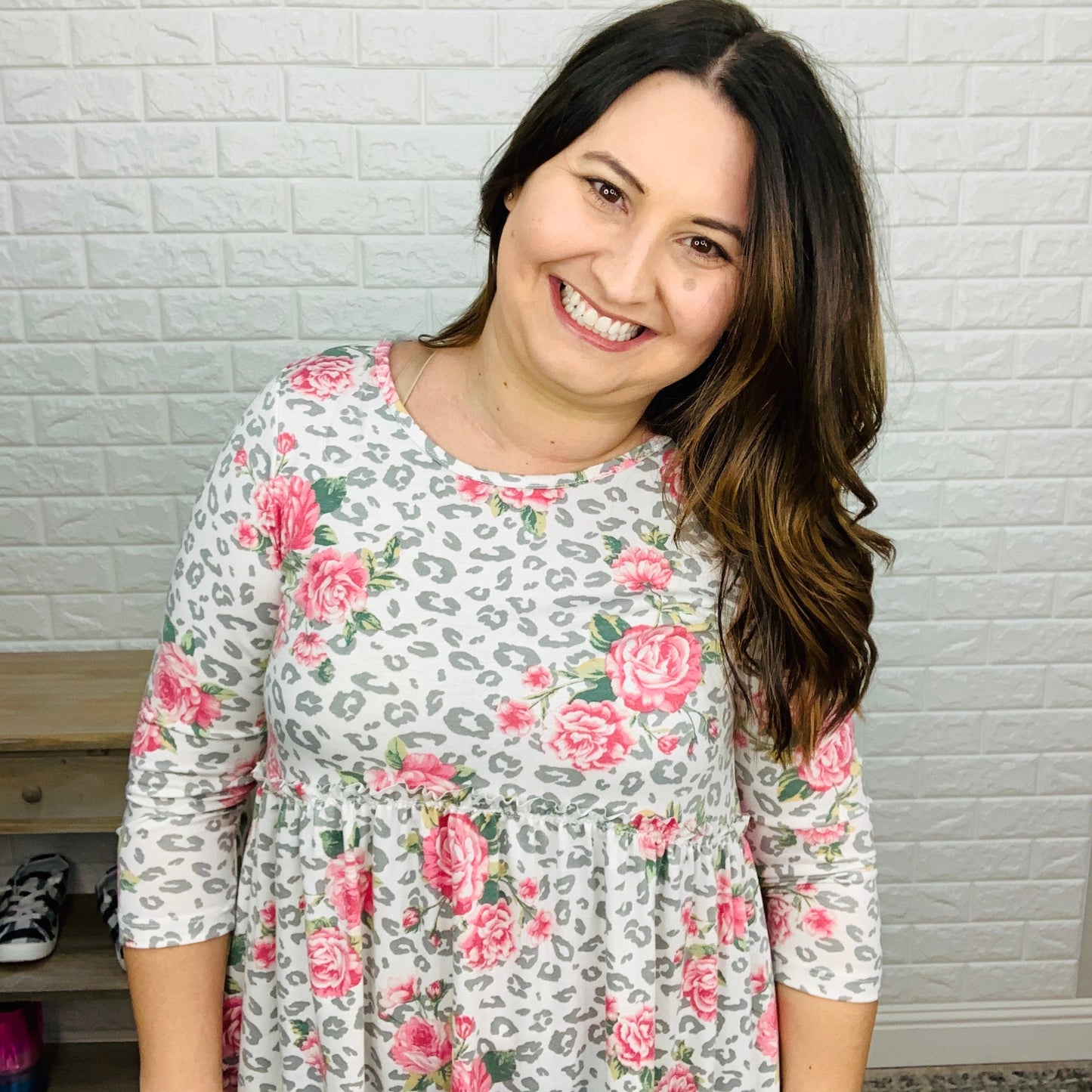 "Abbie" Floral & Animal Print Babydoll Top (White)