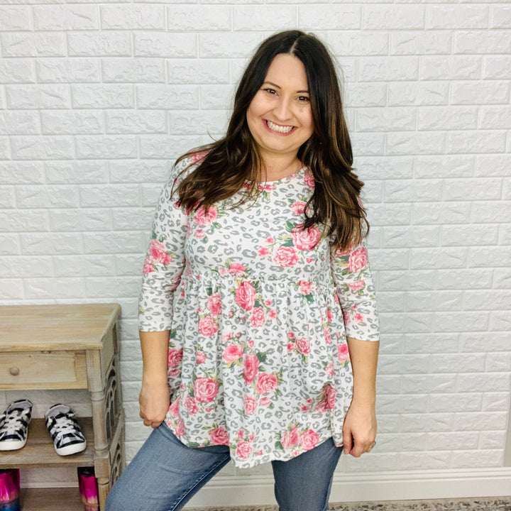 "Abbie" Floral & Animal Print Babydoll Top (White)