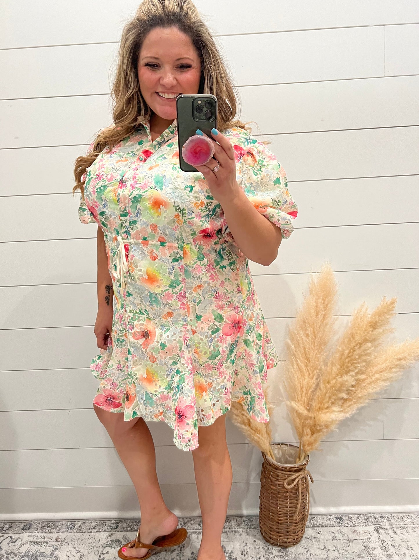 "Acclaimed" Balloon Sleeve Floral Eyelet Dress
