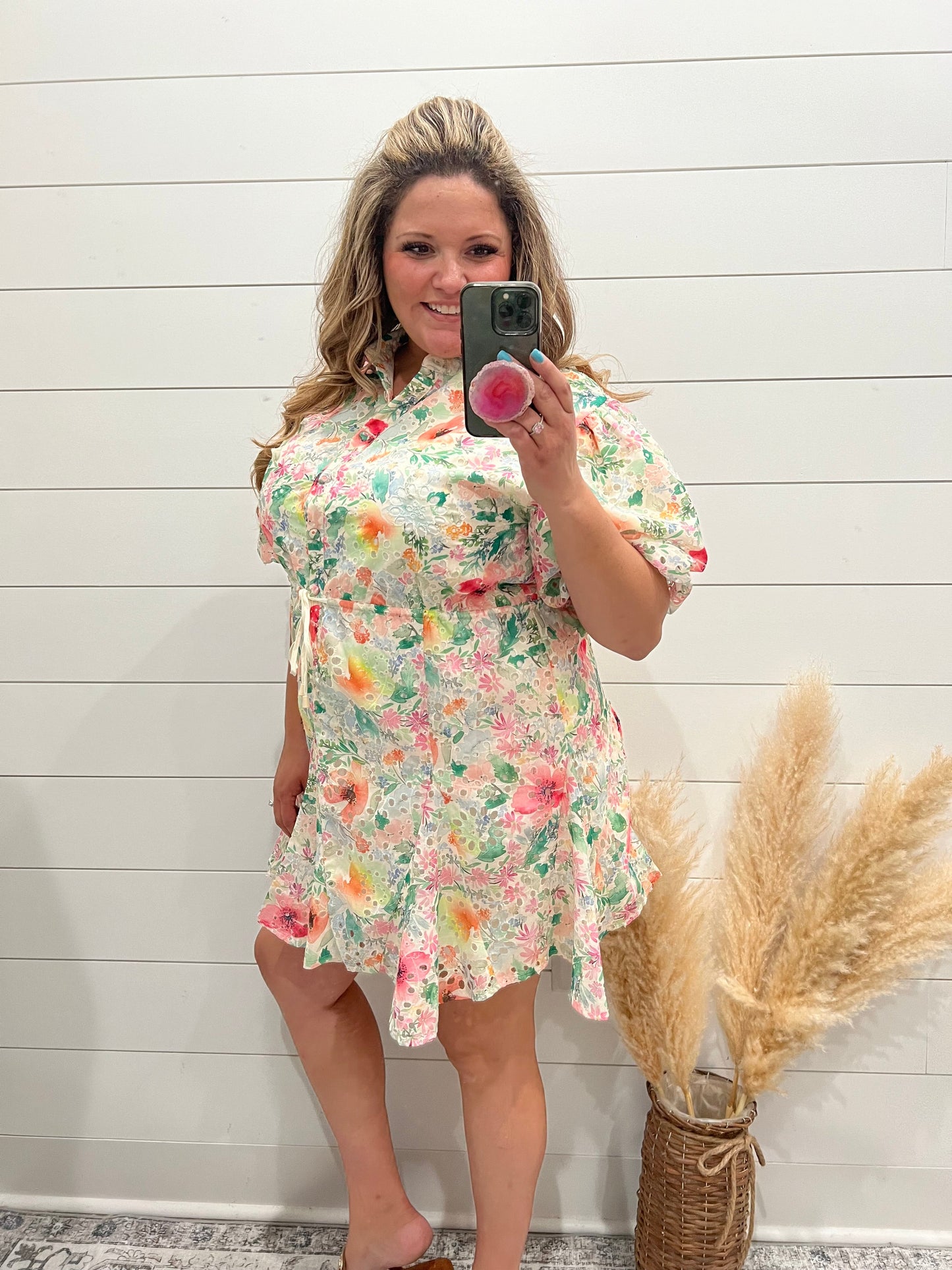 "Acclaimed" Balloon Sleeve Floral Eyelet Dress