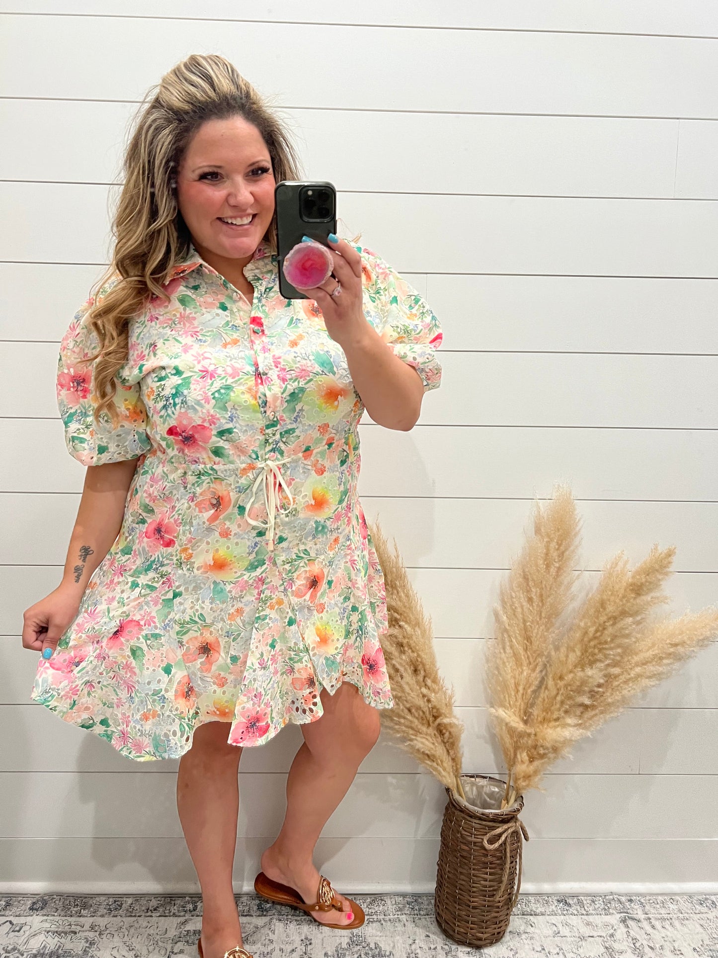 "Acclaimed" Balloon Sleeve Floral Eyelet Dress