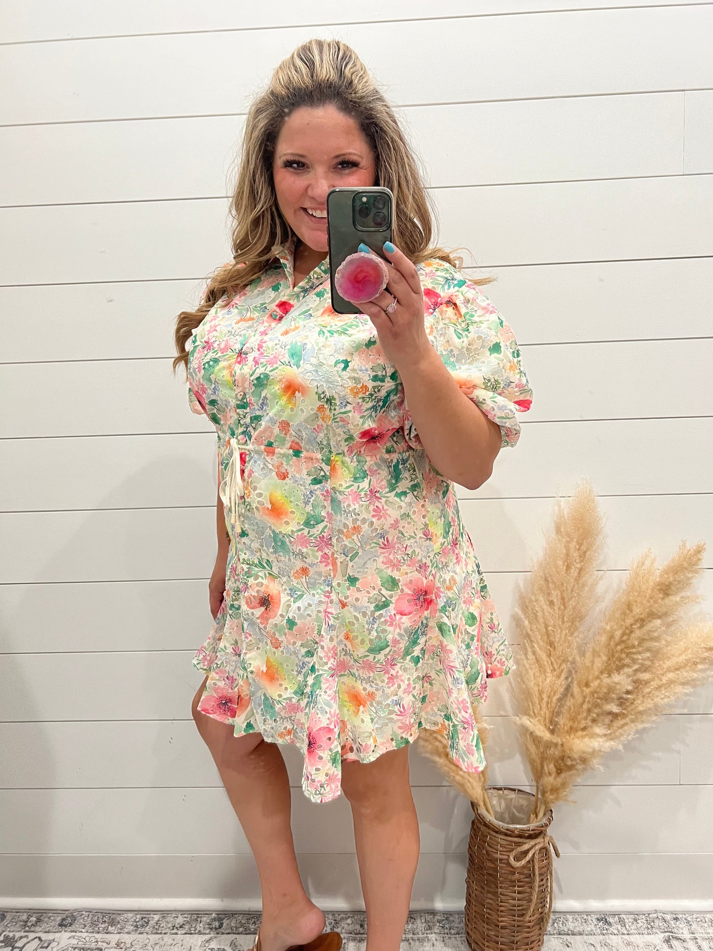 "Acclaimed" Balloon Sleeve Floral Eyelet Dress