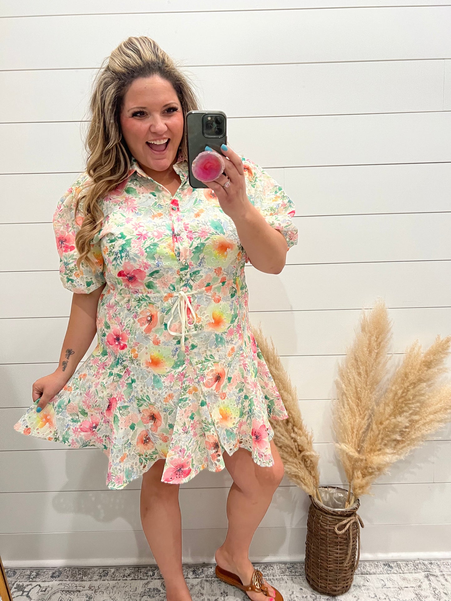 "Acclaimed" Balloon Sleeve Floral Eyelet Dress