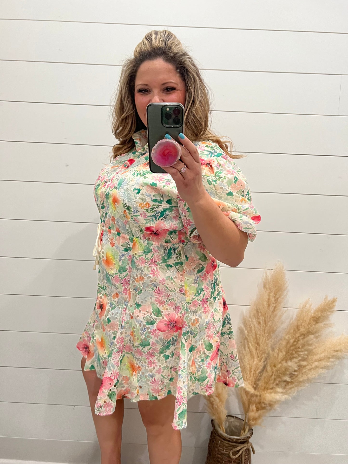 "Acclaimed" Balloon Sleeve Floral Eyelet Dress