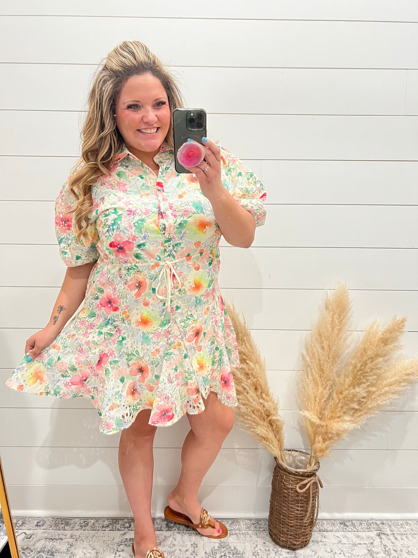 "Acclaimed" Balloon Sleeve Floral Eyelet Dress