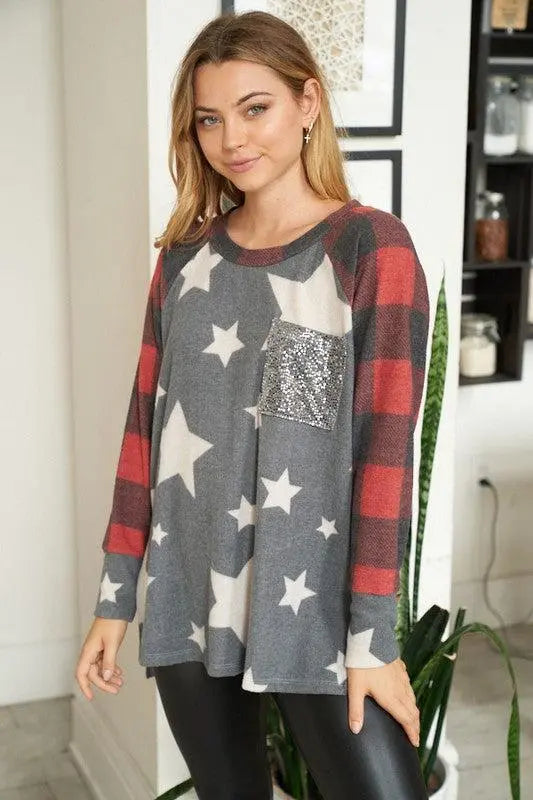 "Add a Little Sparkle" Stars and Plaid Long Sleeve