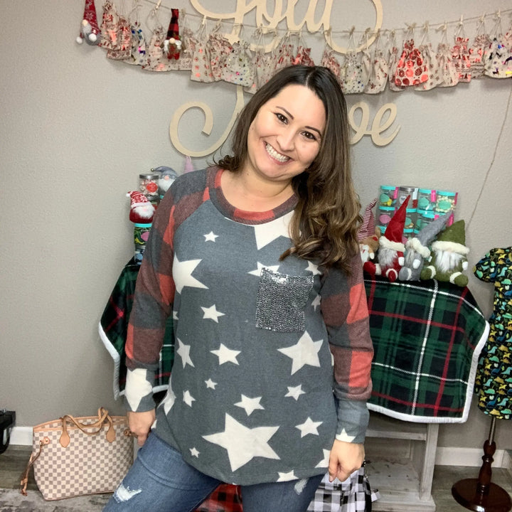 "Add a Little Sparkle" Stars and Plaid Long Sleeve