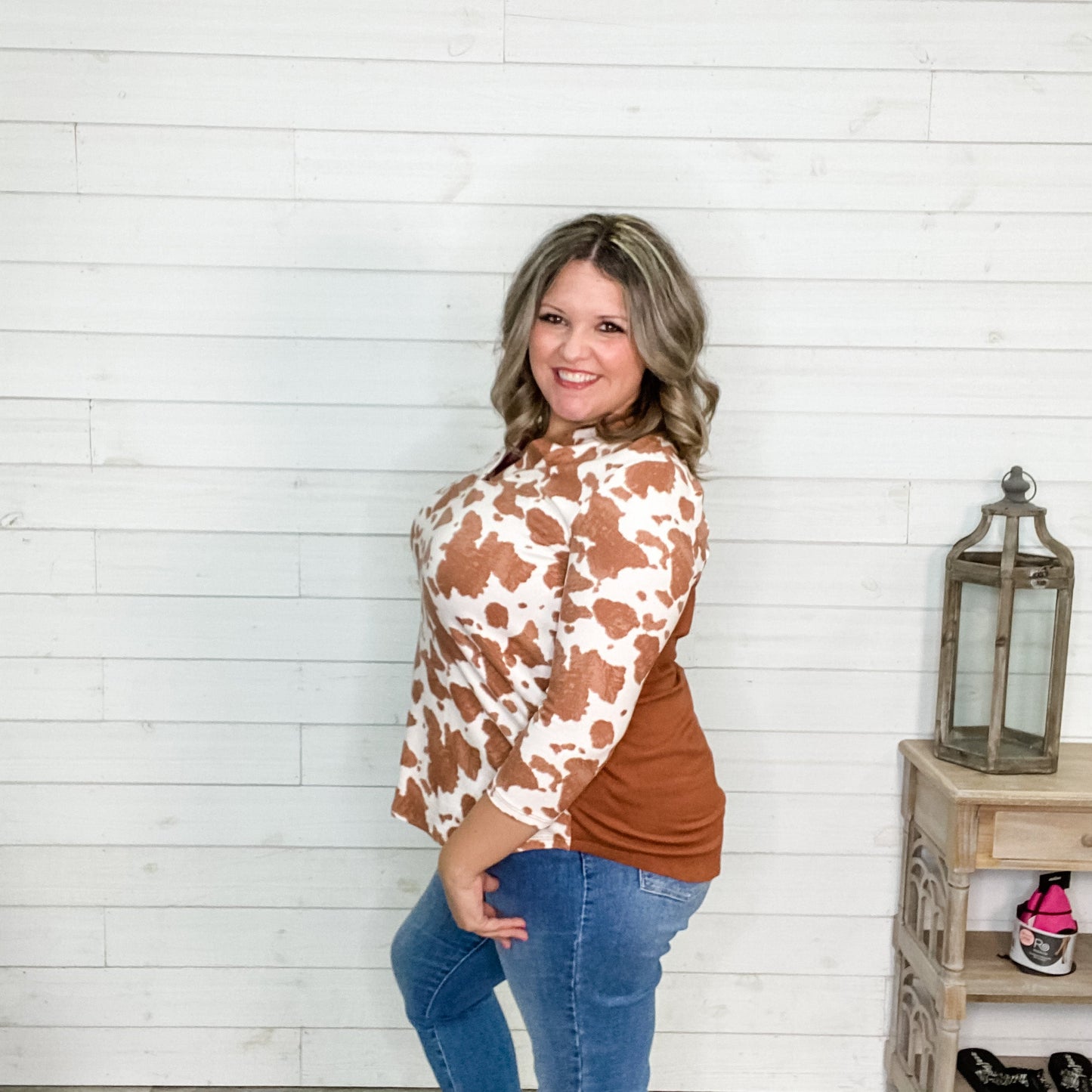 "Aggie" Animal Print Lizzy 3/4 Sleeve Split Neck