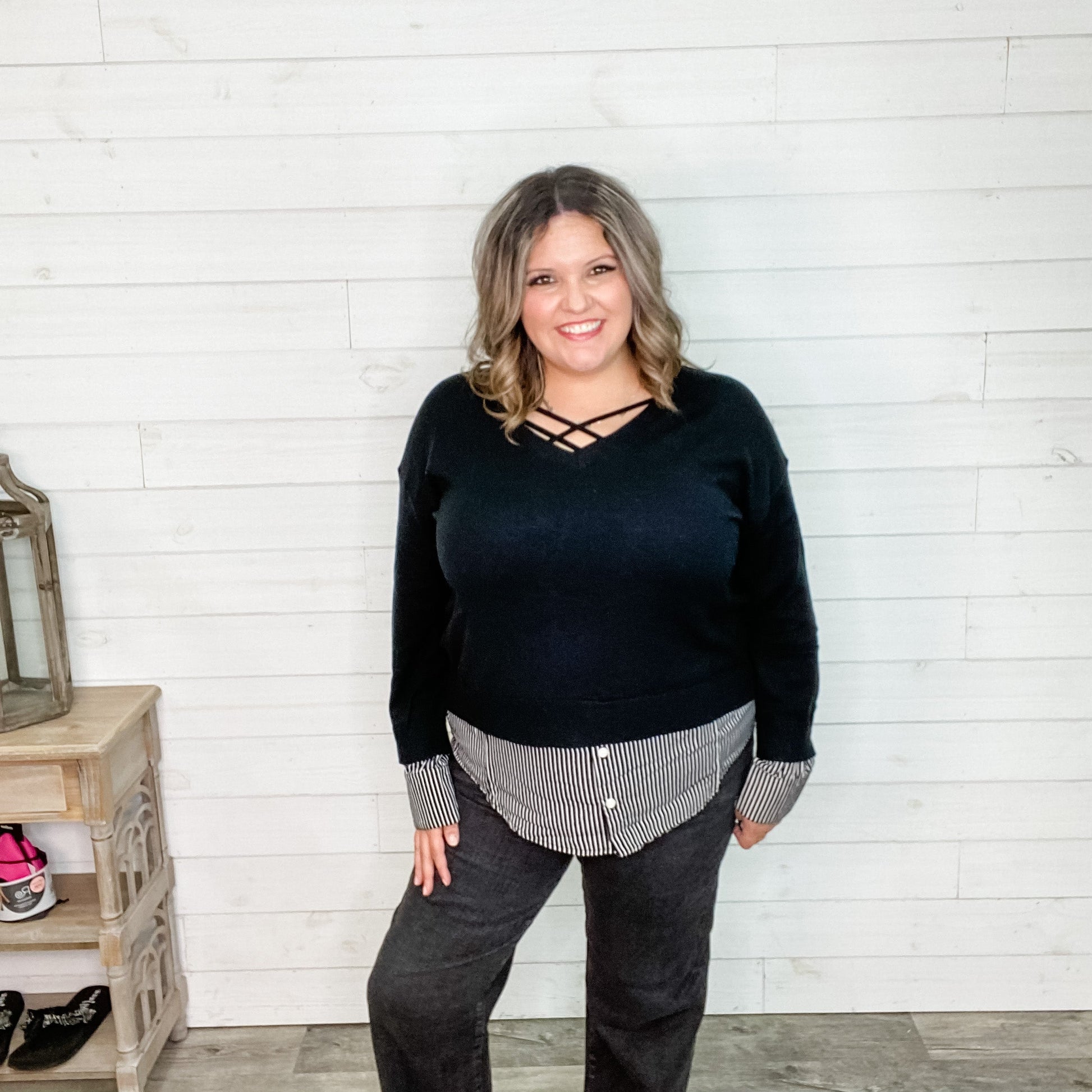 "All Business" Layered Effect Long Sleeve V Neck