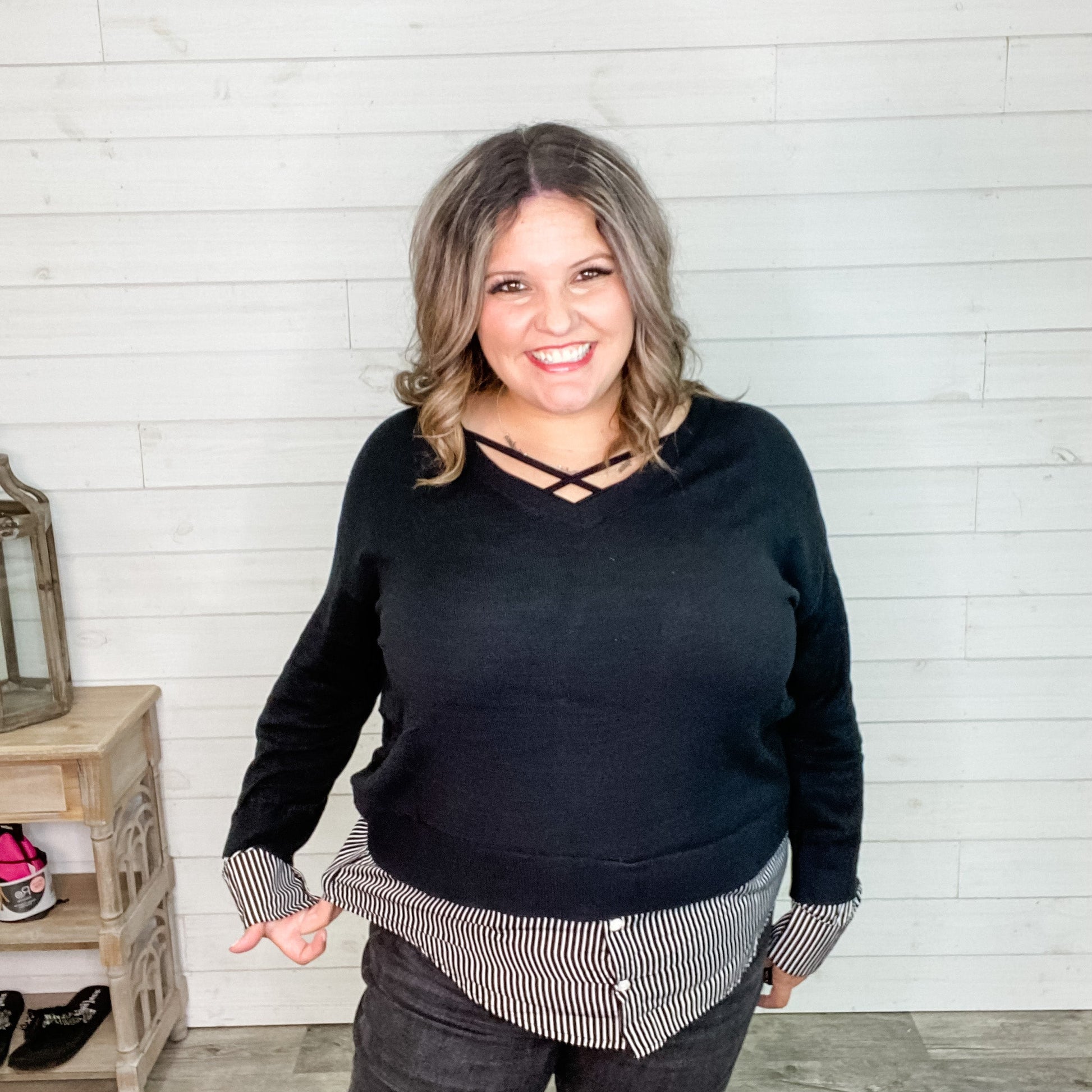 "All Business" Layered Effect Long Sleeve V Neck