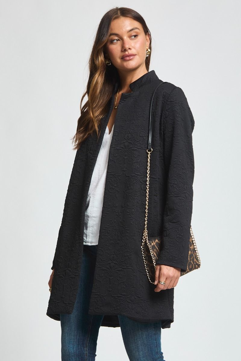 "Amara" Jacquard Midi Coat with Pockets (Black)