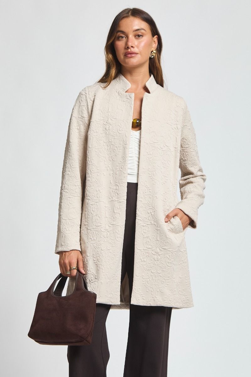 "Amara" Jacquard Midi Coat with Pockets (Oatmeal)