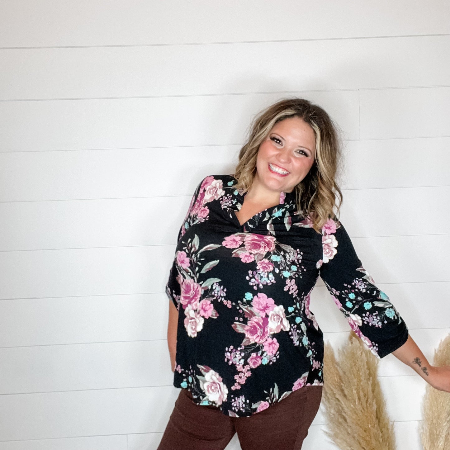 "Ambivalent" Floral Lizzy 3/4 Sleeve Split Neck