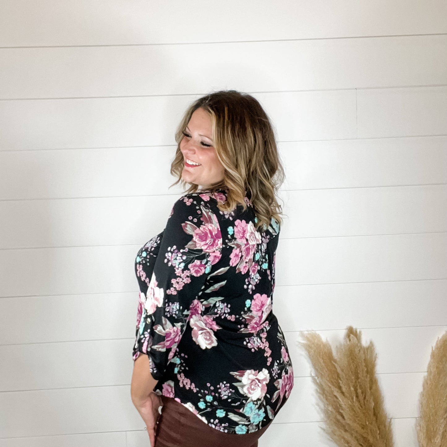 "Ambivalent" Floral Lizzy 3/4 Sleeve Split Neck