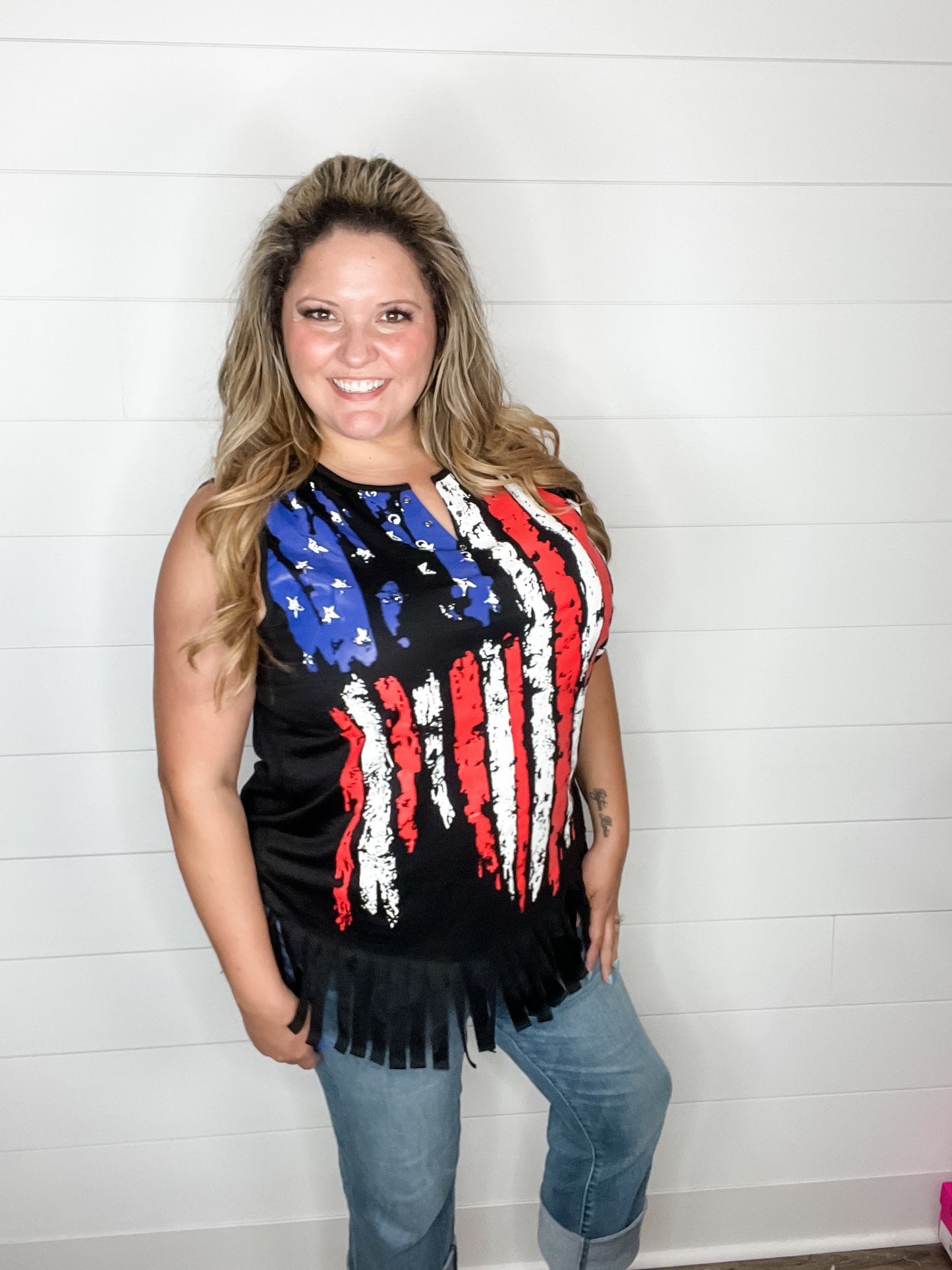 American Flag Fringe Tank Top