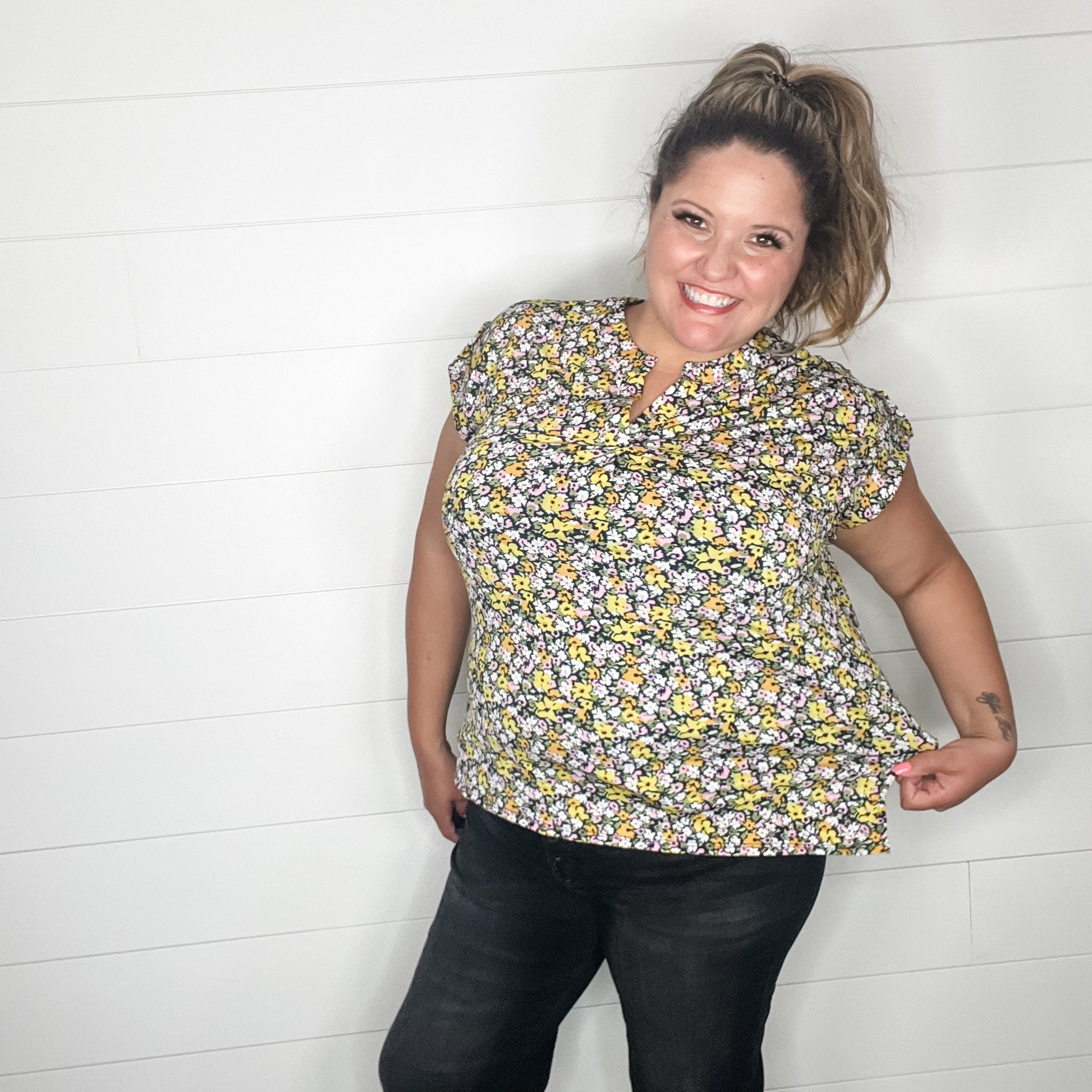 "Anchorage" Split Neck Cuffed Short Sleeve