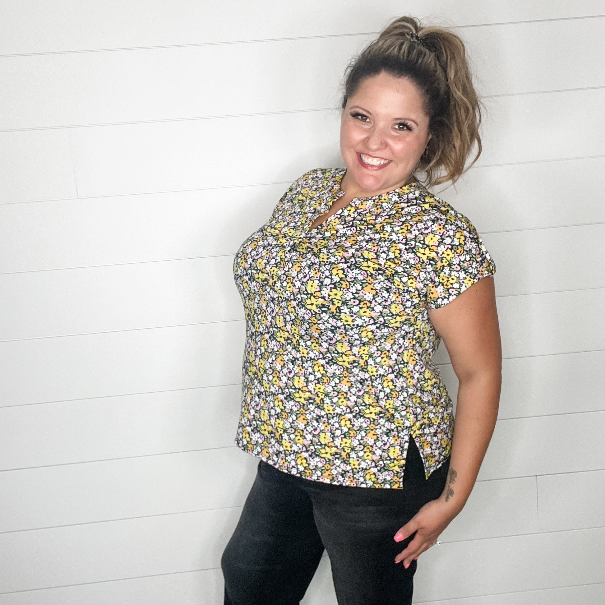 "Anchorage" Split Neck Cuffed Short Sleeve