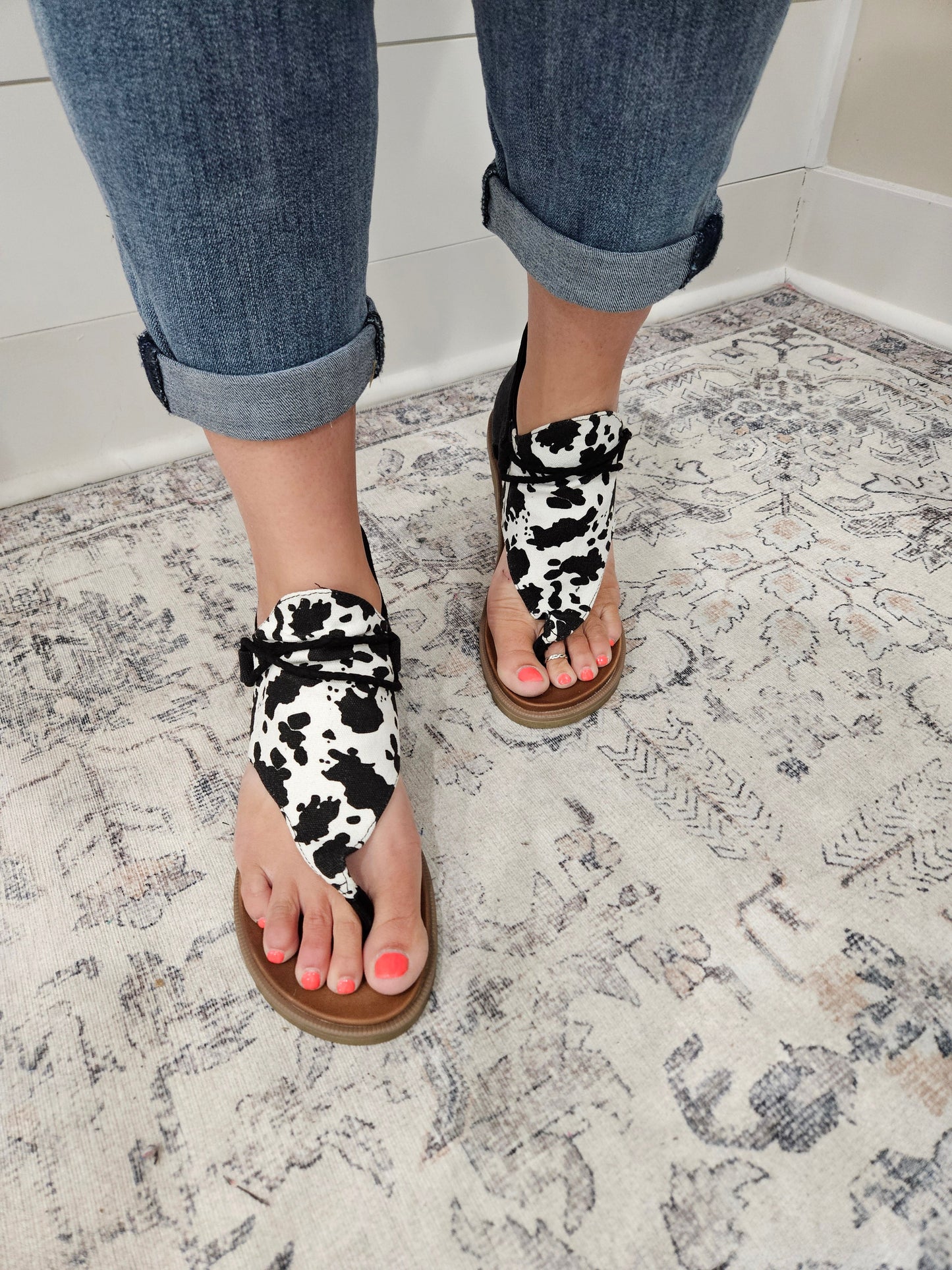 "Angelika 2" Sandal (Black and White Cow)