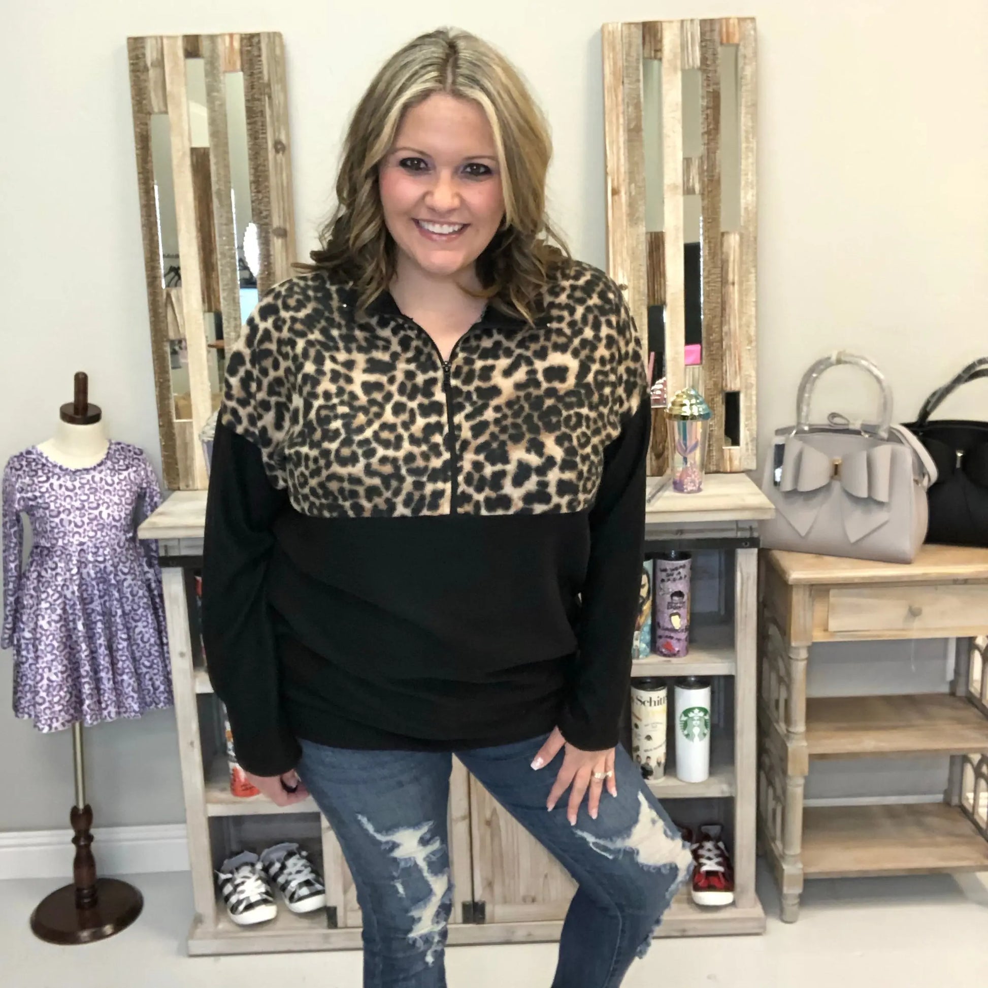 Animal Print Zip Collar Pull Over