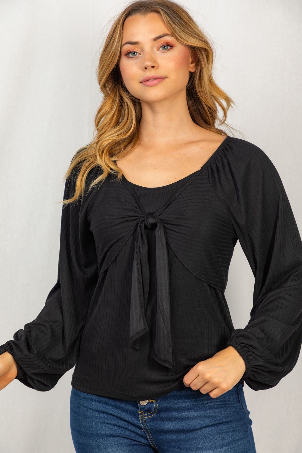 "Answers" Balloon Long Sleeve with Front Tie Detail