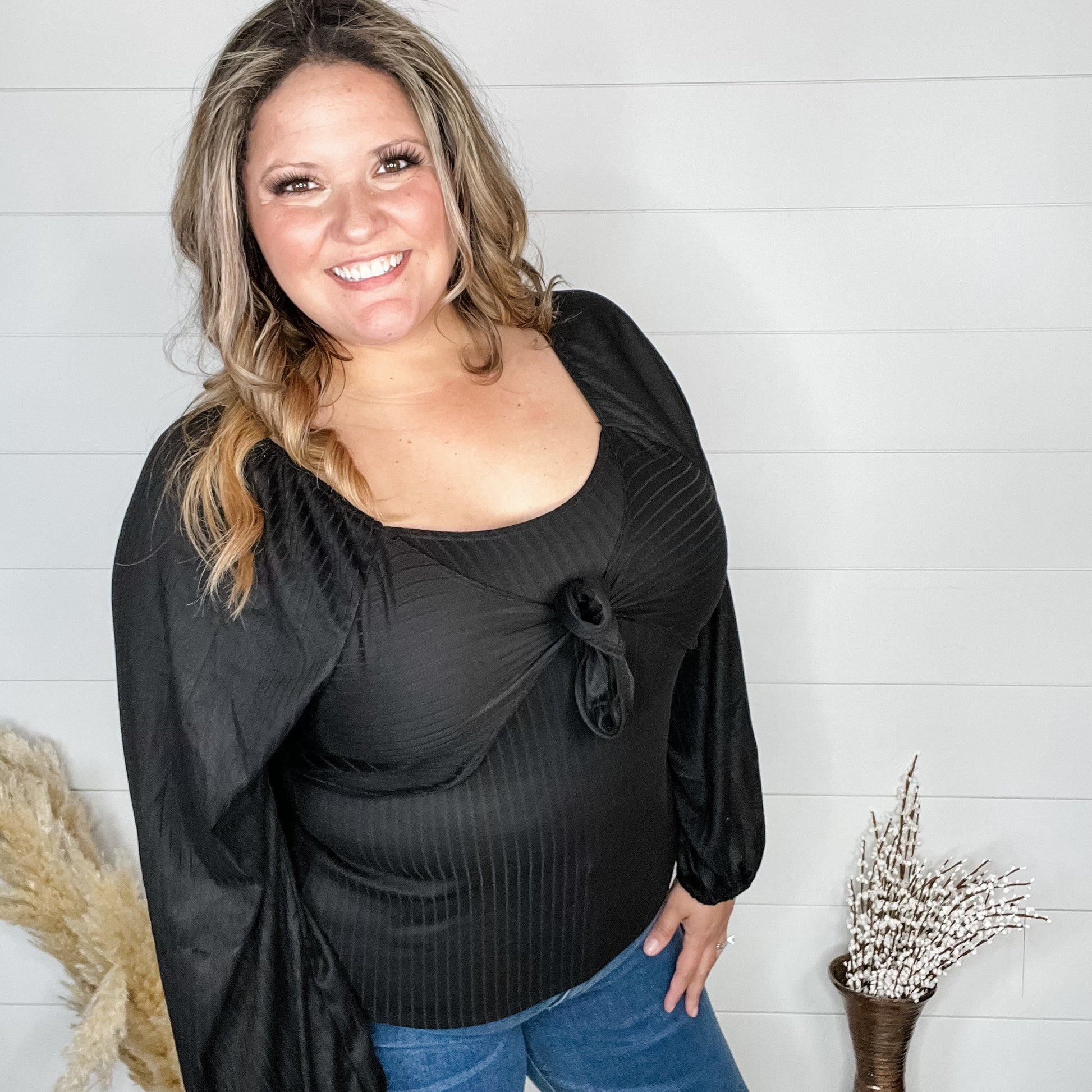 "Answers" Balloon Long Sleeve with Front Tie Detail