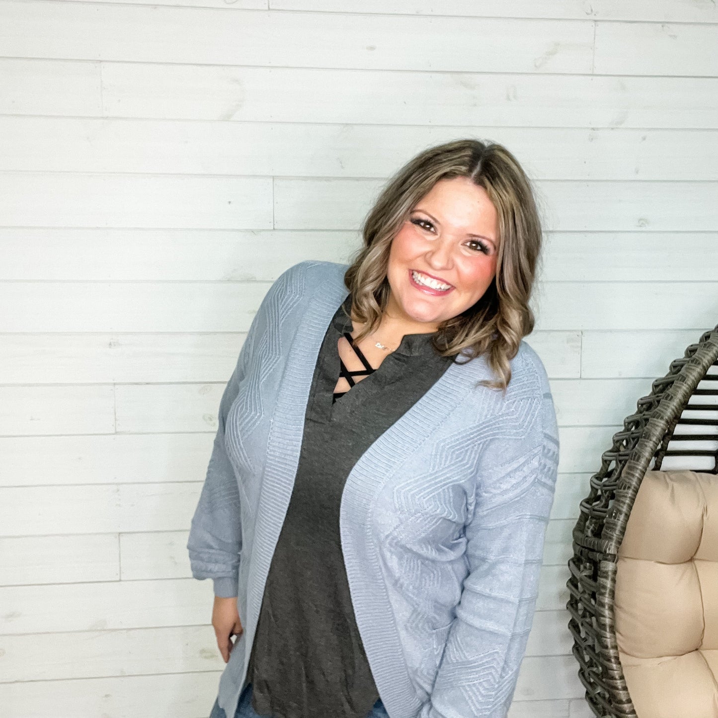 Balloon Sleeve Cardigan with Front Pockets (Dusty Blue)