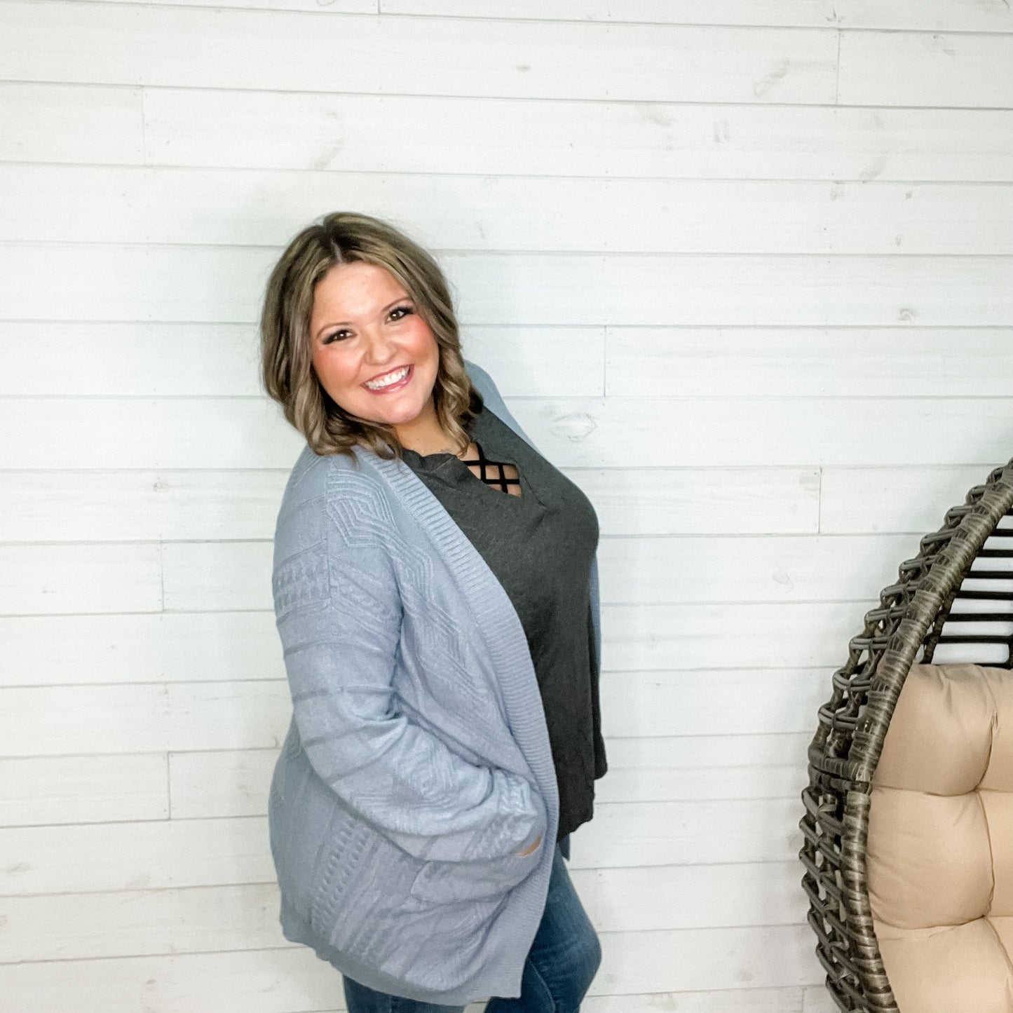 Balloon Sleeve Cardigan with Front Pockets (Dusty Blue)