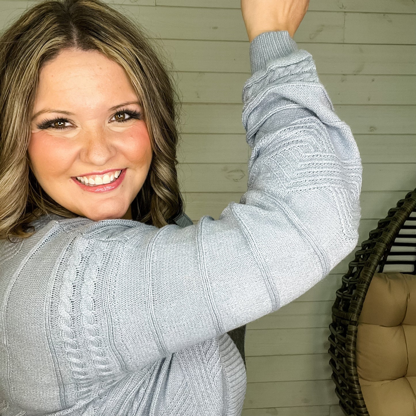 Balloon Sleeve Cardigan with Front Pockets (Dusty Blue)