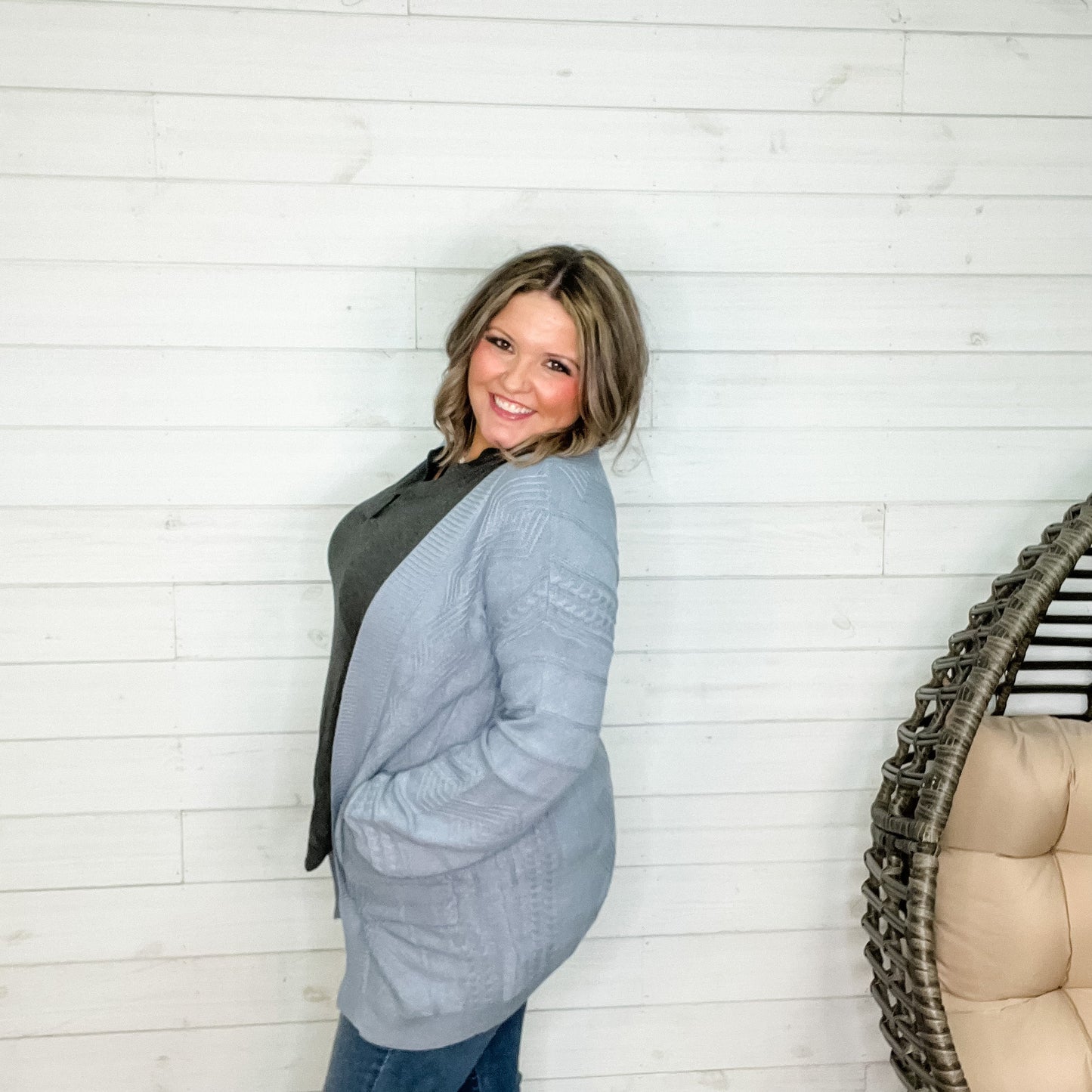 Balloon Sleeve Cardigan with Front Pockets (Dusty Blue)