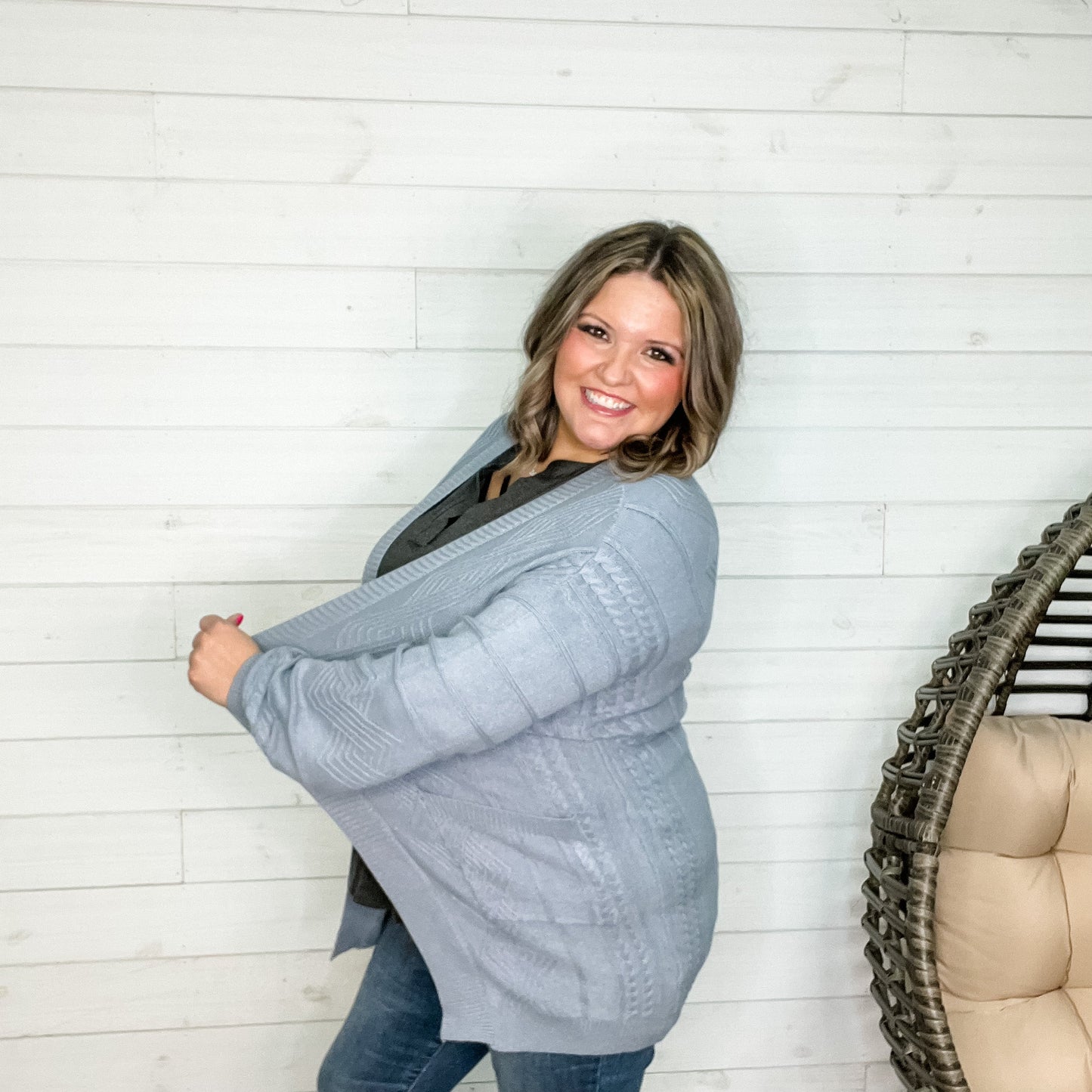 Balloon Sleeve Cardigan with Front Pockets (Dusty Blue)