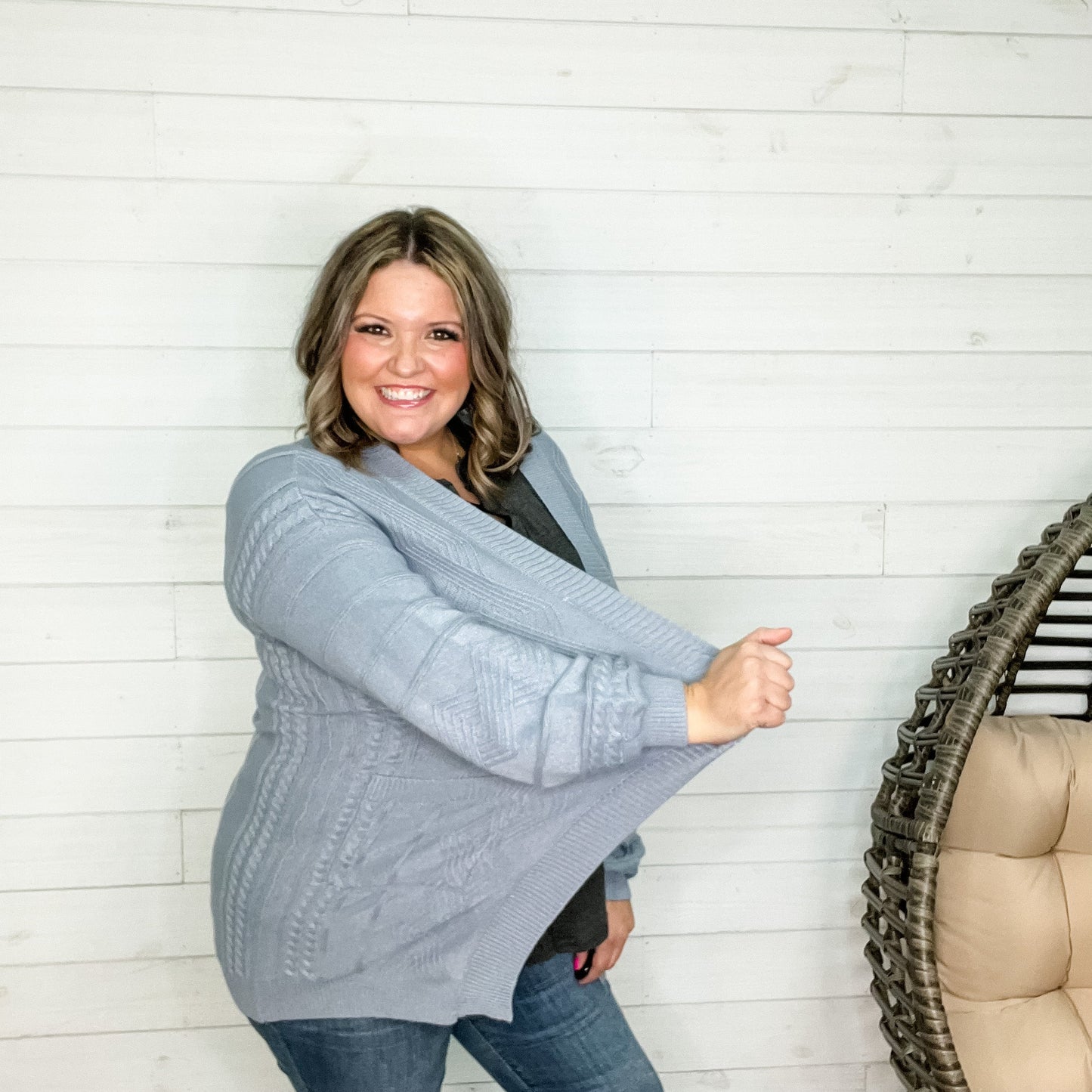 Balloon Sleeve Cardigan with Front Pockets (Dusty Blue)