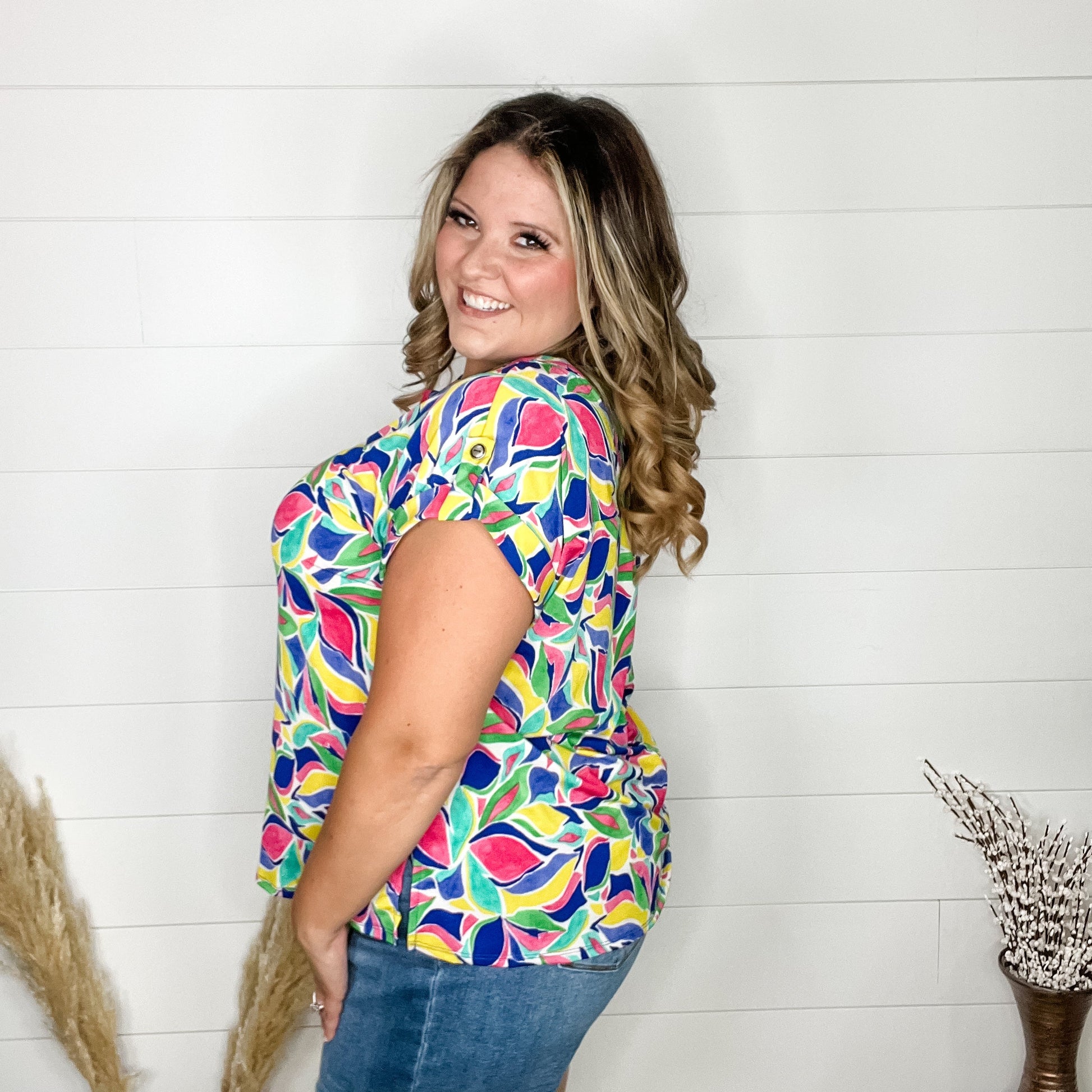 "Banana" Split Neck Cuffed Short Sleeve