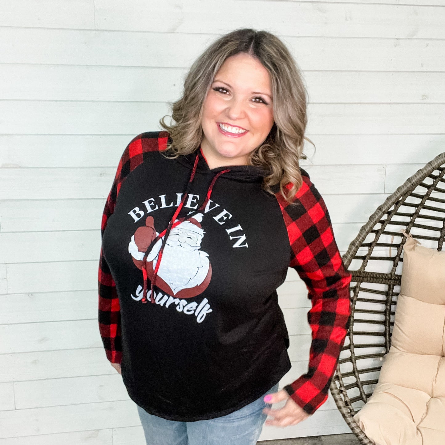 "Believe In Yourself" Buffalo Plaid Santa Hoodie