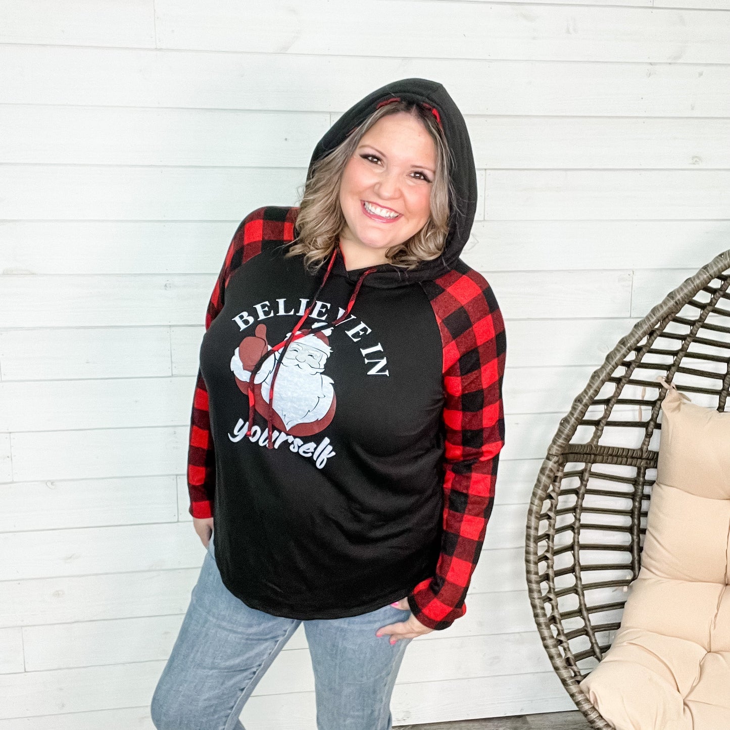 "Believe In Yourself" Buffalo Plaid Santa Hoodie