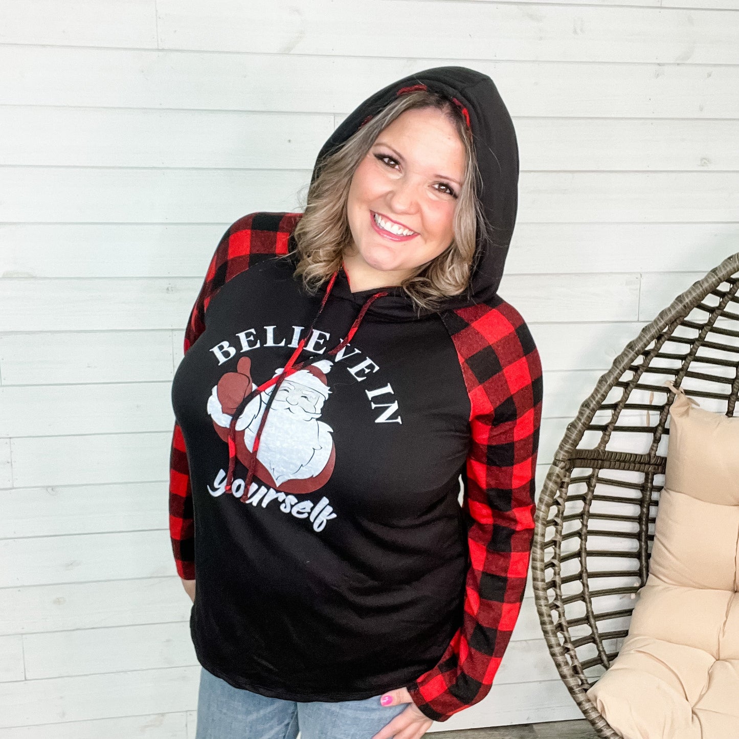 "Believe In Yourself" Buffalo Plaid Santa Hoodie