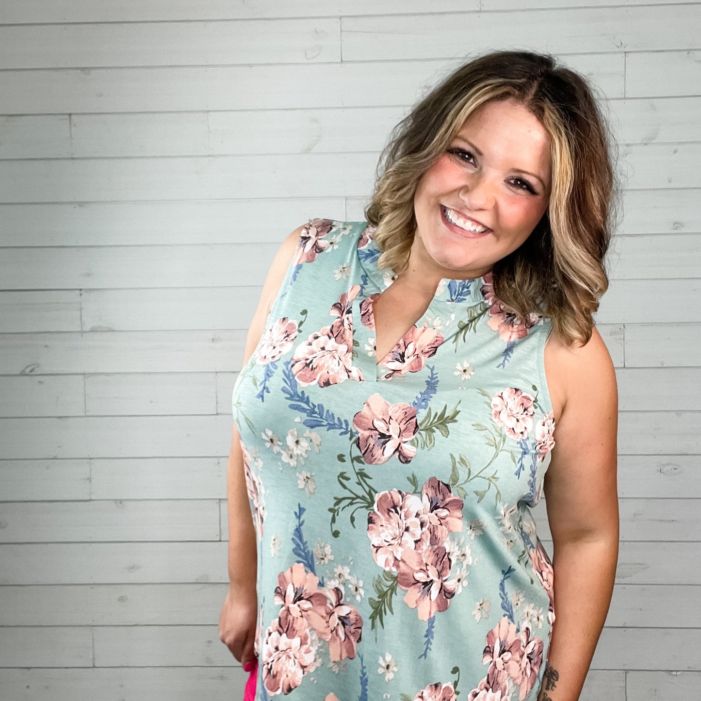 "Believer" Floral Sleeveless Split Neck