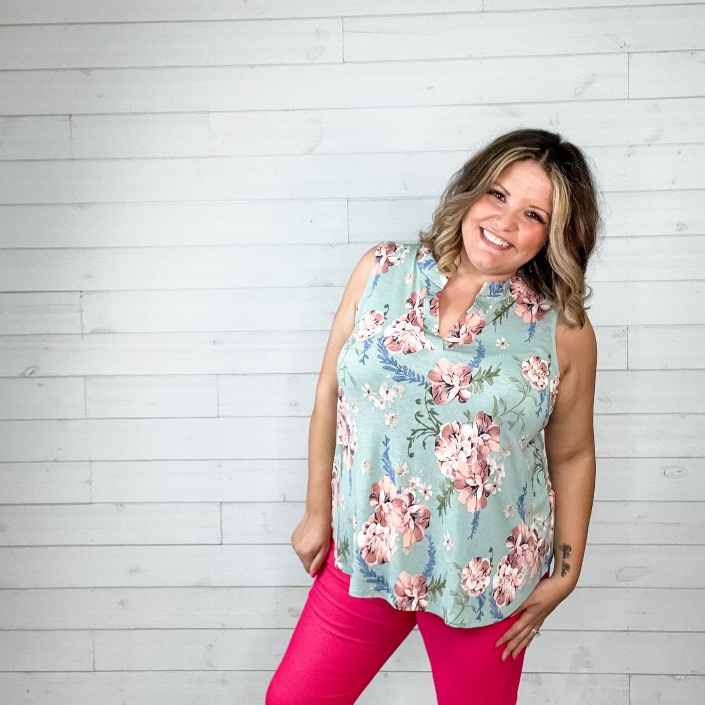 "Believer" Floral Sleeveless Split Neck