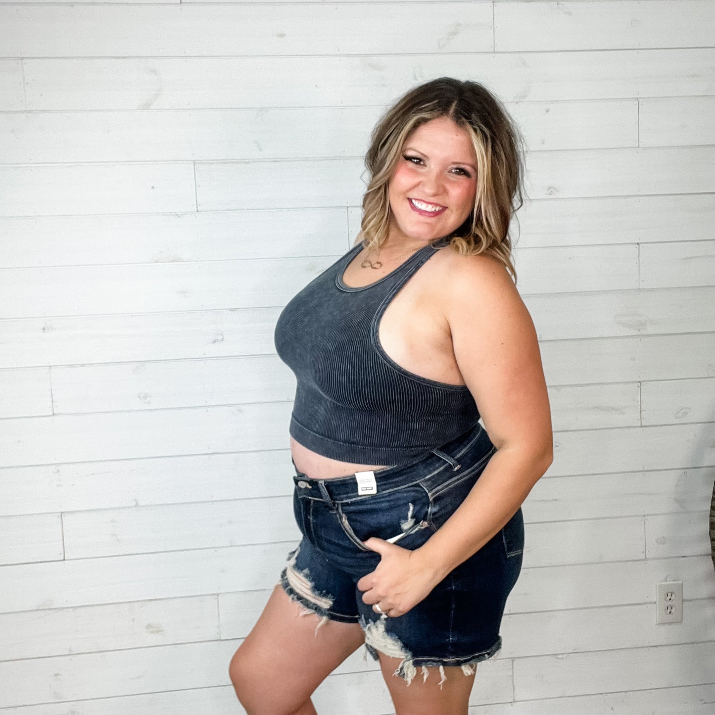 "BFF" Mineral Wash Ribbed Seamless Cropped Tank Top (Multiple Colors)