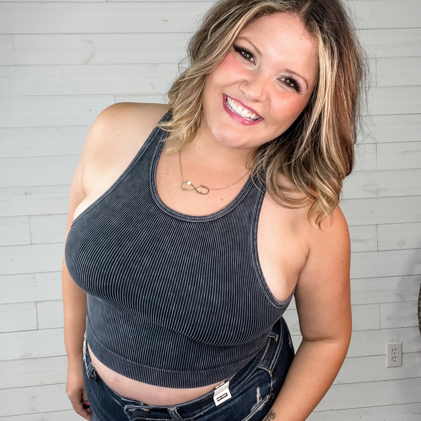 "BFF" Mineral Wash Ribbed Seamless Cropped Tank Top (Multiple Colors)