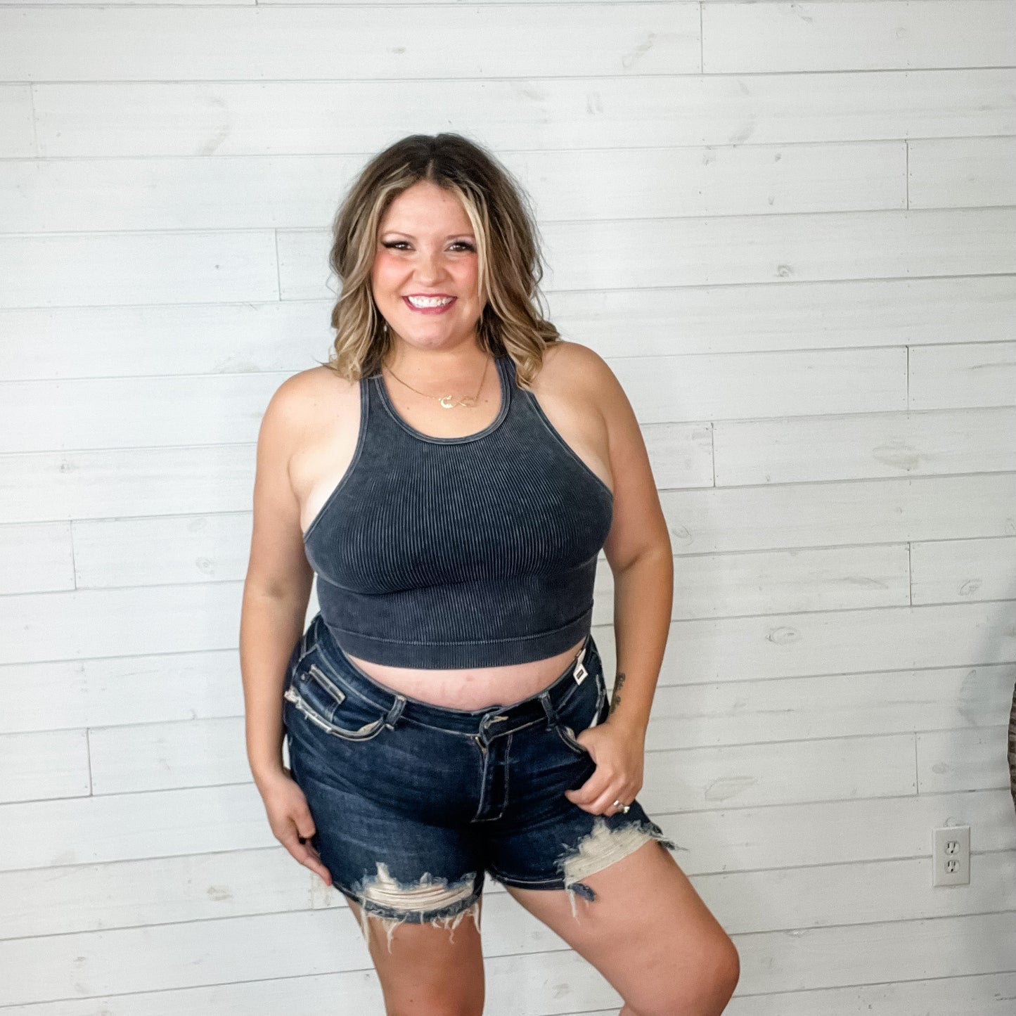 "BFF" Mineral Wash Ribbed Seamless Cropped Tank Top (Multiple Colors)