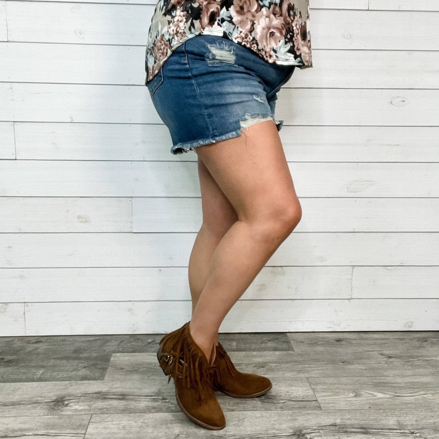"Billie" Faux Suede Fringe and Buckle Bootie By Very G (Tan)